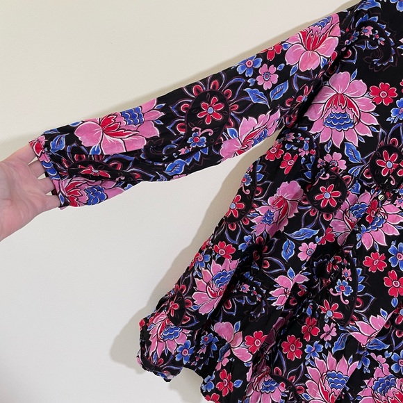 Zara Black Bold Floral Long Sleeve Smock Shirt Dress Size Large Boho Style - Picture 3 of 10